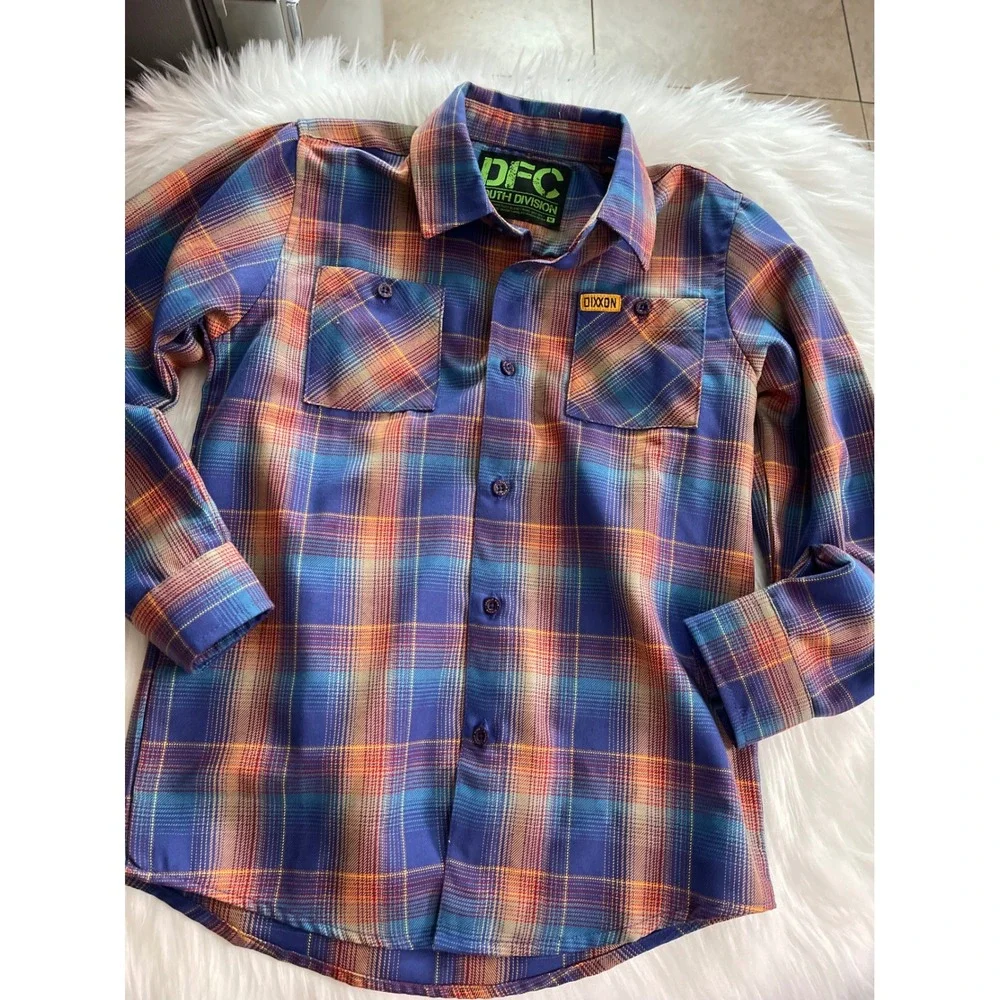 Dixxon Flannel DFC Boy's Youth Division Size M Blue Orange Plaid Long Sleeve